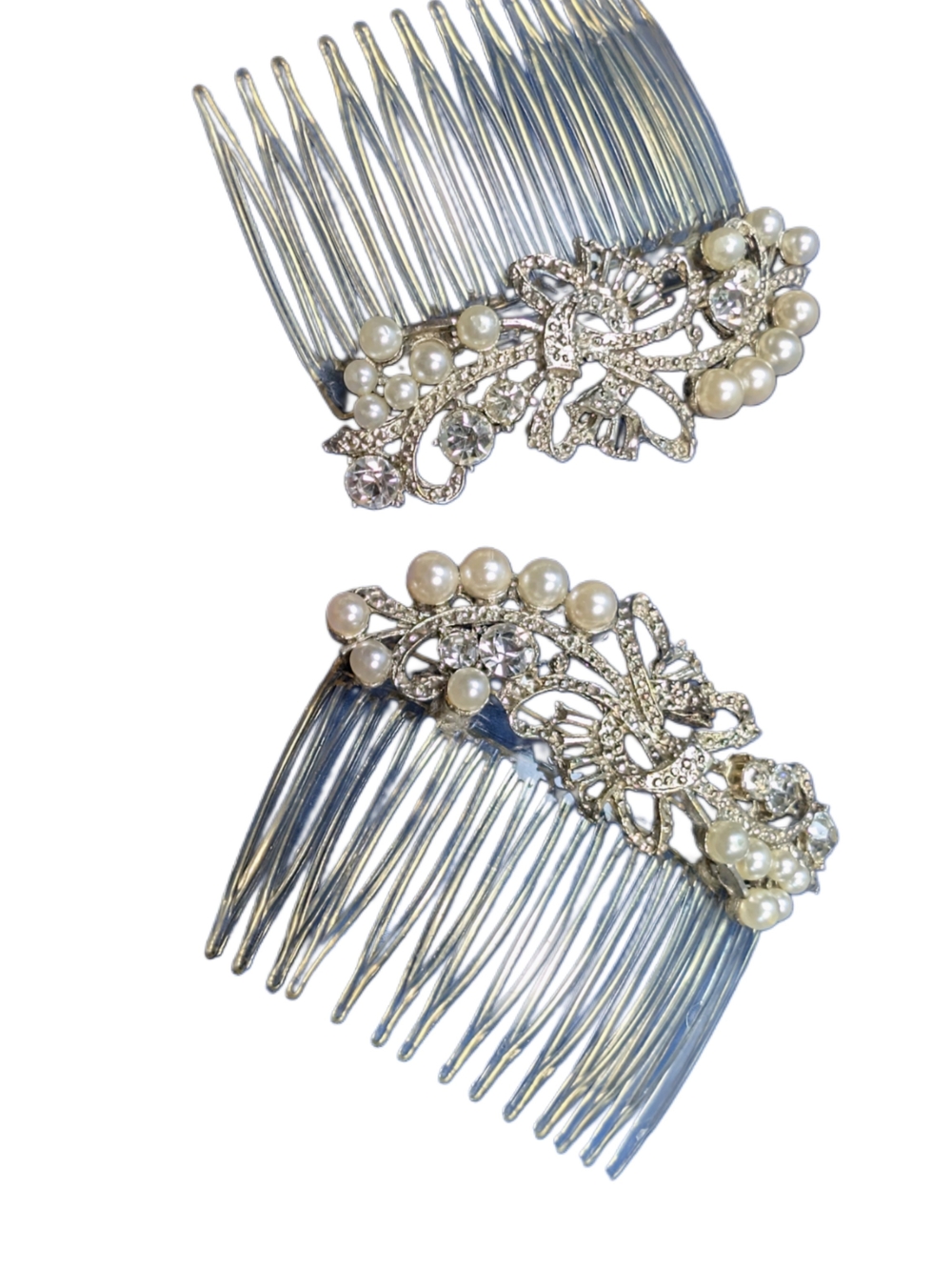Vintage Faux Pearl & Crystal Silver Hair Comb Set Wedding